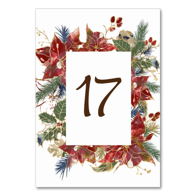 Elegant Red Poinsettia Floral Christmas Winter Table Number (Front)