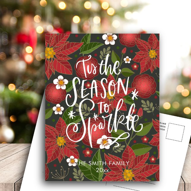 Elegant Red Poinsettia Floral Modern Script Chic H Holiday Postcard (Creator Uploaded)
