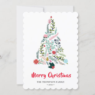 Elegant Red Poinsettia Floral Pine Tree Christmas  Holiday Card