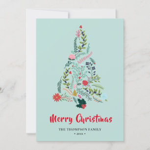 Elegant Red Poinsettia Floral Pine Tree Christmas Holiday Card