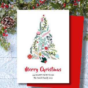 Elegant Red Poinsettia Floral Pine Tree Christmas Holiday Card