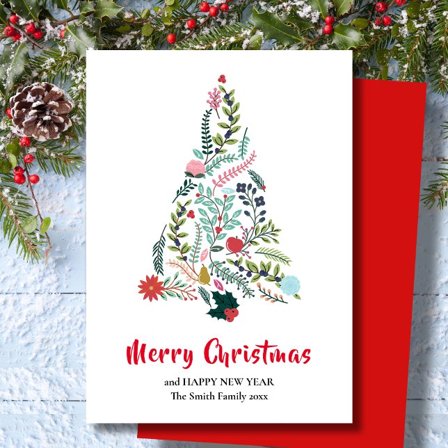 Elegant Red Poinsettia Floral Pine Tree Christmas Holiday Card (Creator Uploaded)