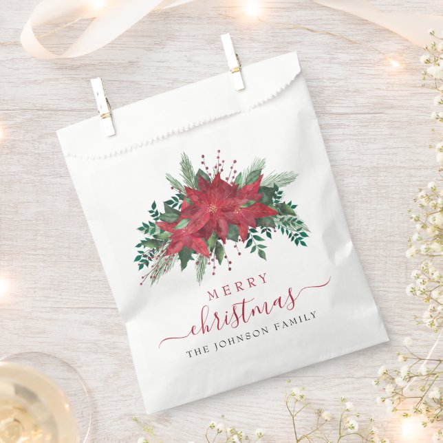 Elegant Red Poinsettia Floral Script Christmas  Favour Bags (Clipped)