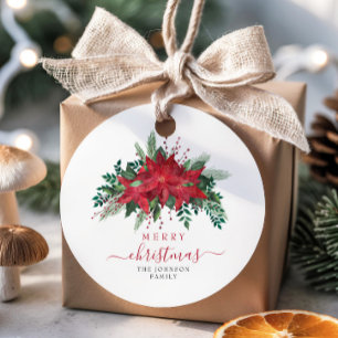 Elegant Red Poinsettia Floral Script Christmas Favour Tags