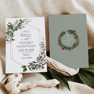 Elegant Red Poinsettia Greenery Christmas Wedding Invitation