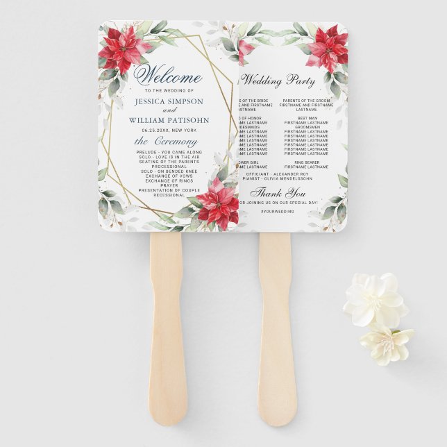 Elegant Red Poinsettia Greenery Wedding Program Hand Fan (Front and Back)