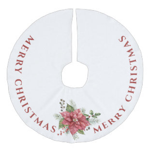 Elegant Red Poinsettia, Merry Christmas Faux Linen Tree Skirt