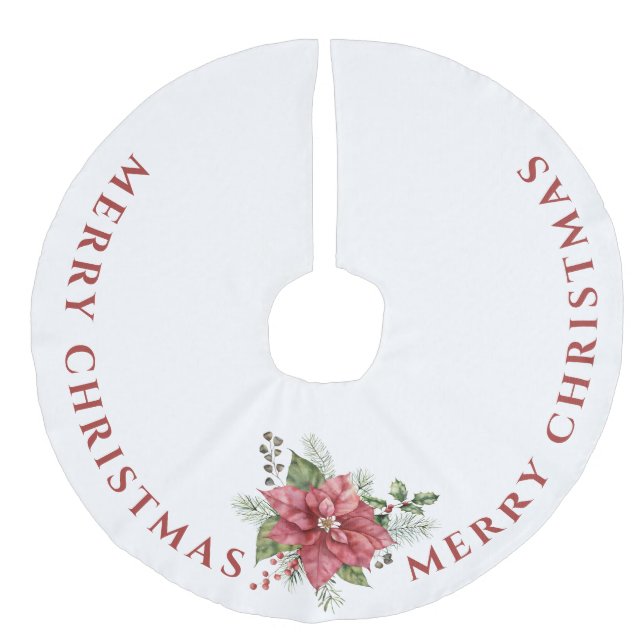Elegant Red Poinsettia, Merry Christmas Faux Linen Tree Skirt (Front)