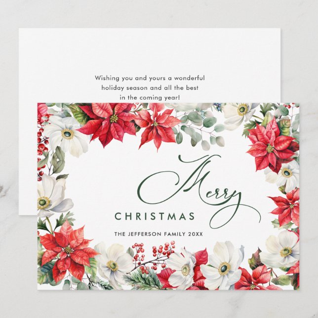 Elegant Red Poinsettia Merry Christmas Greeting Holiday Card (Front/Back)