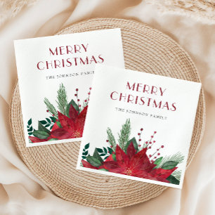 Elegant Red Poinsettia Merry Christmas Napkin