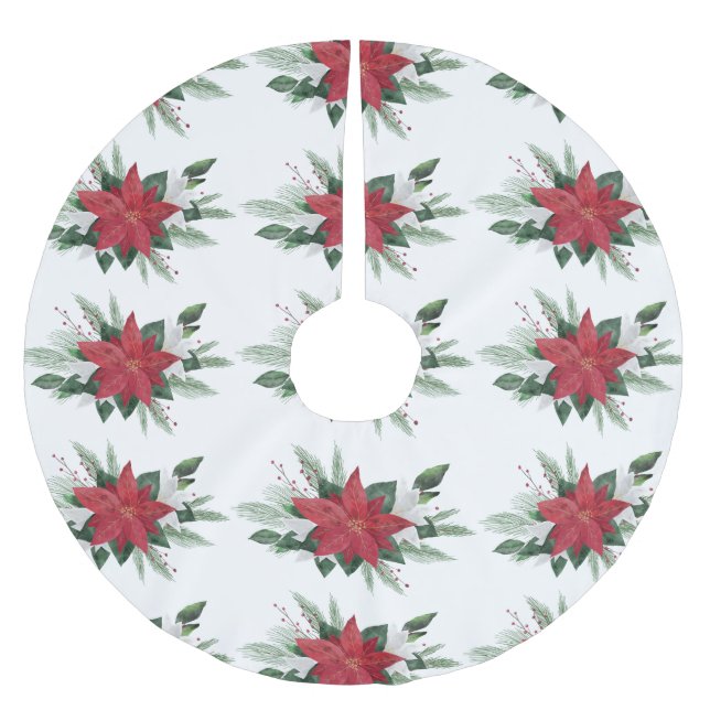 Elegant Red Poinsettia Pattern Christmas Holiday  Brushed Polyester Tree Skirt (Front)