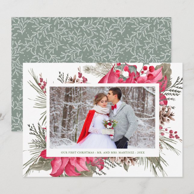 Elegant Red Poinsettia Photo Our First Christmas Holiday Card (Front/Back)