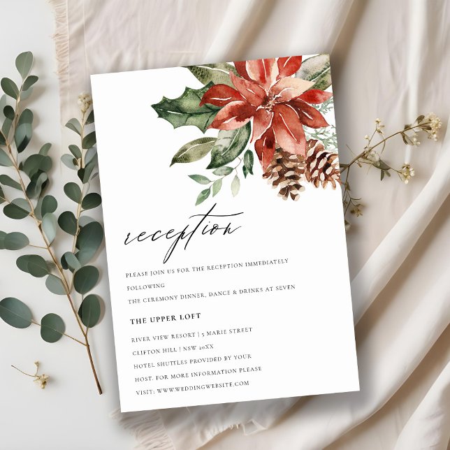 Elegant Red Poinsettia Pine Cone Wedding Reception Enclosure Card (Creator Uploaded)