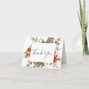 Elegant Red Poinsettia Pine Fir Watercolor Thank Y You Card