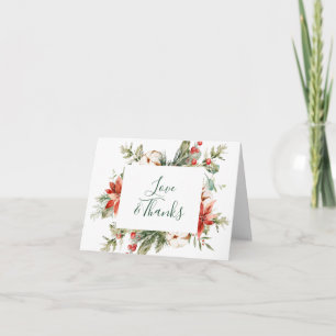 Elegant Red Poinsettia Pine Fir Watercolor Thank Y You Card