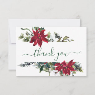 Elegant Red Poinsettia Pine Fir Watercolor Thank Y You Card