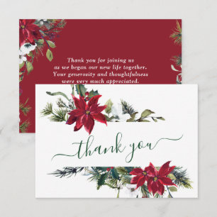 Elegant Red Poinsettia Pine Fir Watercolor Thank Y You Card