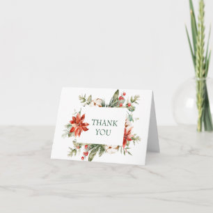 Elegant Red Poinsettia Pine Fir Watercolor Thank Y You Card