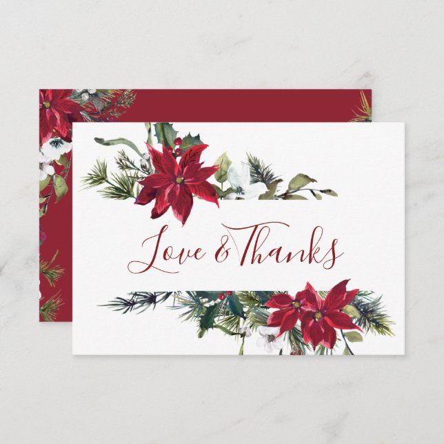 Elegant Red Poinsettia Pine Fir Watercolor Thank You Card (Front/Back)