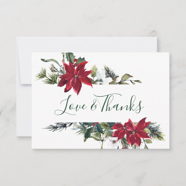Elegant Red Poinsettia Pine Fir Watercolor Thank You Card (Front)