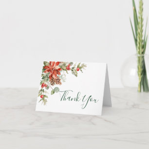 Elegant Red Poinsettia Pine Fir Watercolor Thank You Card