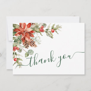 Elegant Red Poinsettia Pine Fir Watercolor Thank You Card