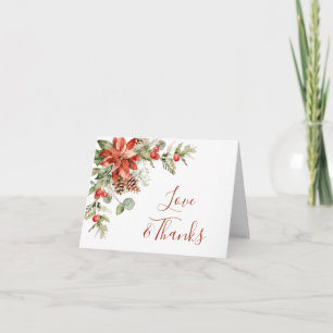 Elegant Red Poinsettia Pine Fir Watercolor Thank You Card
