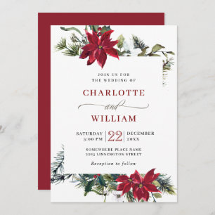 Elegant Red Poinsettia Pine Fir Watercolor Wedding Invitation