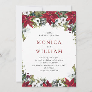 Elegant Red Poinsettia Pine Fir Watercolor Wedding Invitation