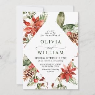 Elegant Red Poinsettia Pine Fir Watercolor Wedding Invitation