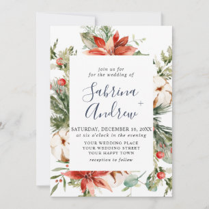 Elegant Red Poinsettia Pine Fir Watercolor Wedding Invitation