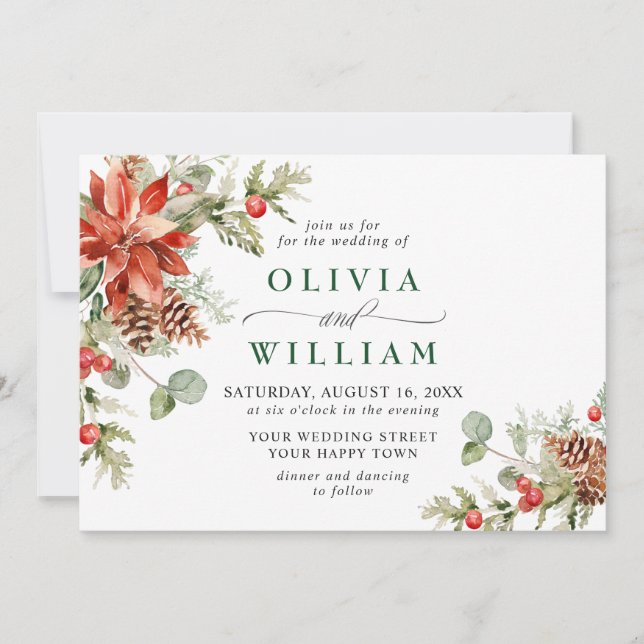 Elegant Red Poinsettia Pine Fir Watercolor Wedding Invitation (Front)