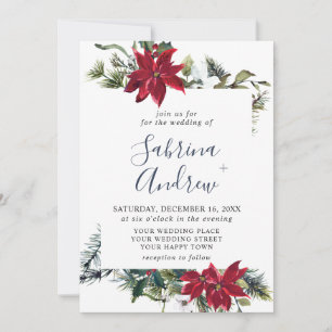 Elegant Red Poinsettia Pine Fir Watercolor Wedding Invitation