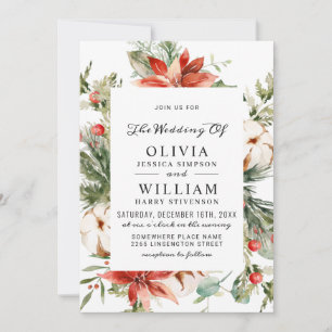 Elegant Red Poinsettia Pine Fir Watercolor Wedding Invitation
