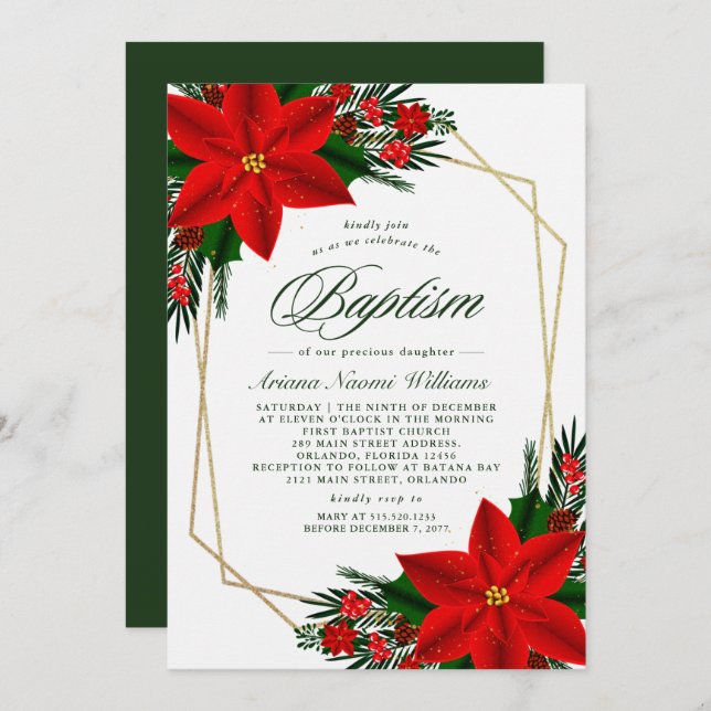 Elegant Red Poinsettia Pine Greenery Baptism Invitation (Front/Back)