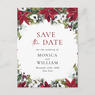 Elegant Red Poinsettia Pine Wedding Save the Date  Announcement Postcard