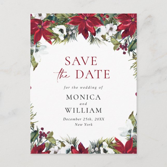 Elegant Red Poinsettia Pine Wedding Save the Date  Announcement Postcard (Front)