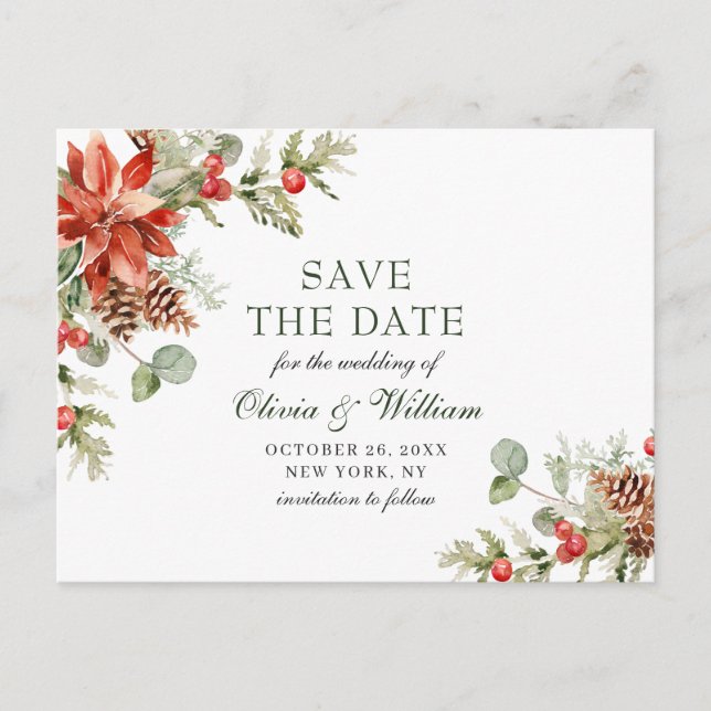 Elegant Red Poinsettia Pine Wedding Save the Date Announcement Postcard (Front)