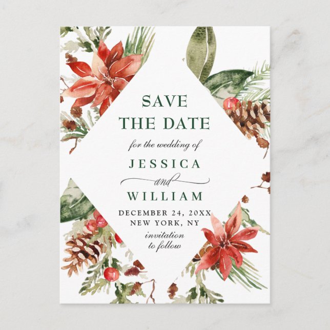 Elegant Red Poinsettia Pine Wedding Save the Date Announcement Postcard (Front)