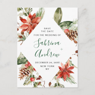 Elegant Red Poinsettia Pine Wedding Save the Date  Postcard
