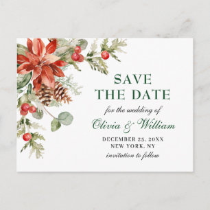 Elegant Red Poinsettia Pine Wedding Save the Date Postcard