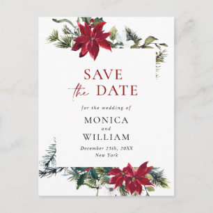 Elegant Red Poinsettia Pine Wedding Save the Date Postcard