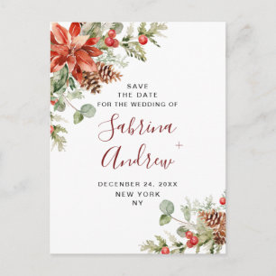 Elegant Red Poinsettia Pine Wedding Save the Date Postcard