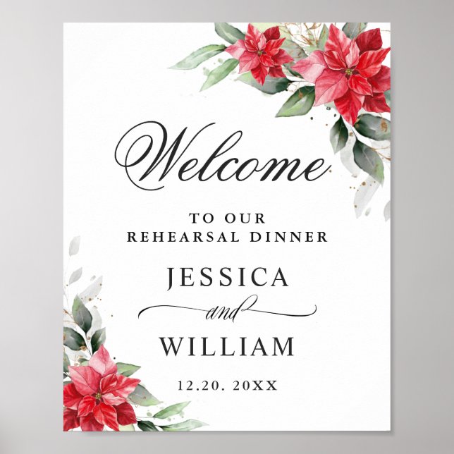 Elegant Red Poinsettia REHEARSAL DINNER Welcome Poster (Front)