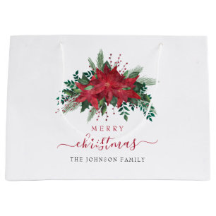 Elegant Red Poinsettia Script Christmas  Large Gift Bag