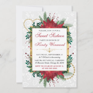 Elegant Red Poinsettia Sweet Sixteen Invitation
