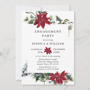 Elegant Red Poinsettia Watercolor ENGAGEMENT PARTY Invitation