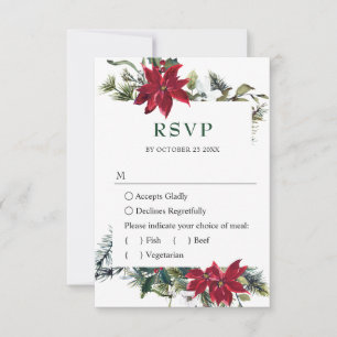 Elegant Red Poinsettia Watercolor Pine Fir Wedding RSVP Card