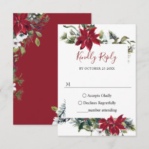 Elegant Red Poinsettia Watercolor Pine Fir Wedding RSVP Card