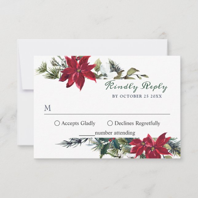 Elegant Red Poinsettia Watercolor Pine Fur Wedding RSVP Card (Front)